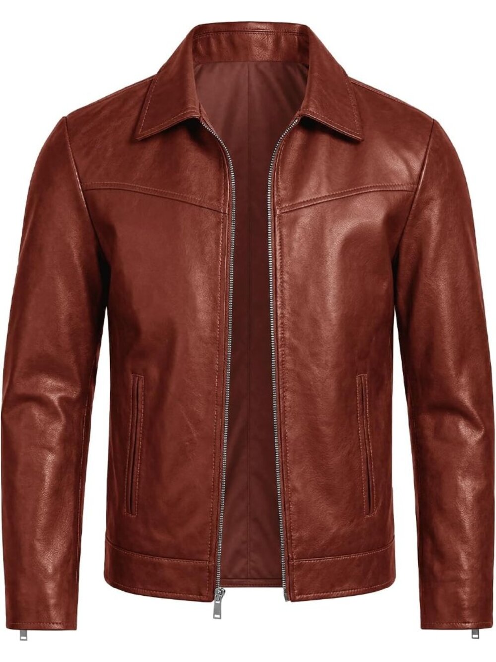 Men Burgundy Leather Long Sleeve Zipper Cuffs  Pockets Motorcycle Jacket